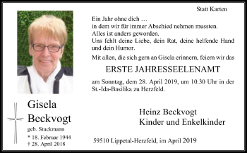 Traueranzeige von Gisela Beckvogt von Die Glocke