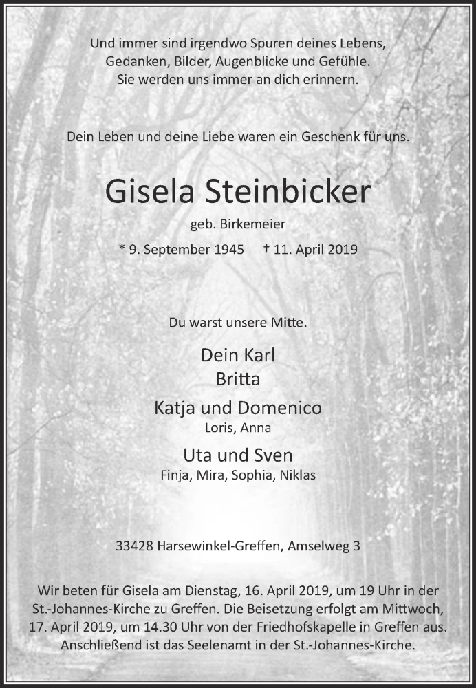 Traueranzeige für Gisela Steinbicker vom 13.04.2019 aus Die Glocke