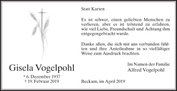 Traueranzeige von Gisela Vogelpohl von Die Glocke