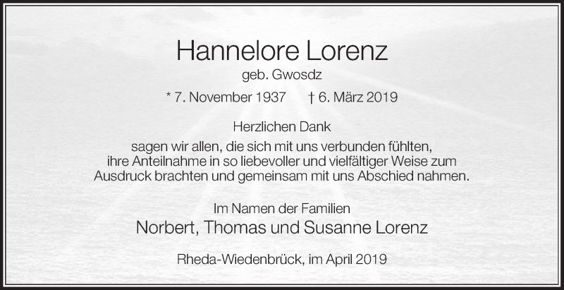  Traueranzeige für Hannelore Lorenz vom 06.04.2019 aus Die Glocke