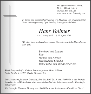 Traueranzeige von Hans Vollmer von Die Glocke