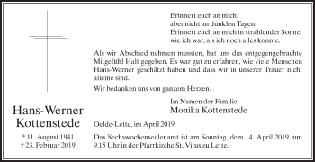 Traueranzeige von Hans-Werner Kottenstede von Die Glocke