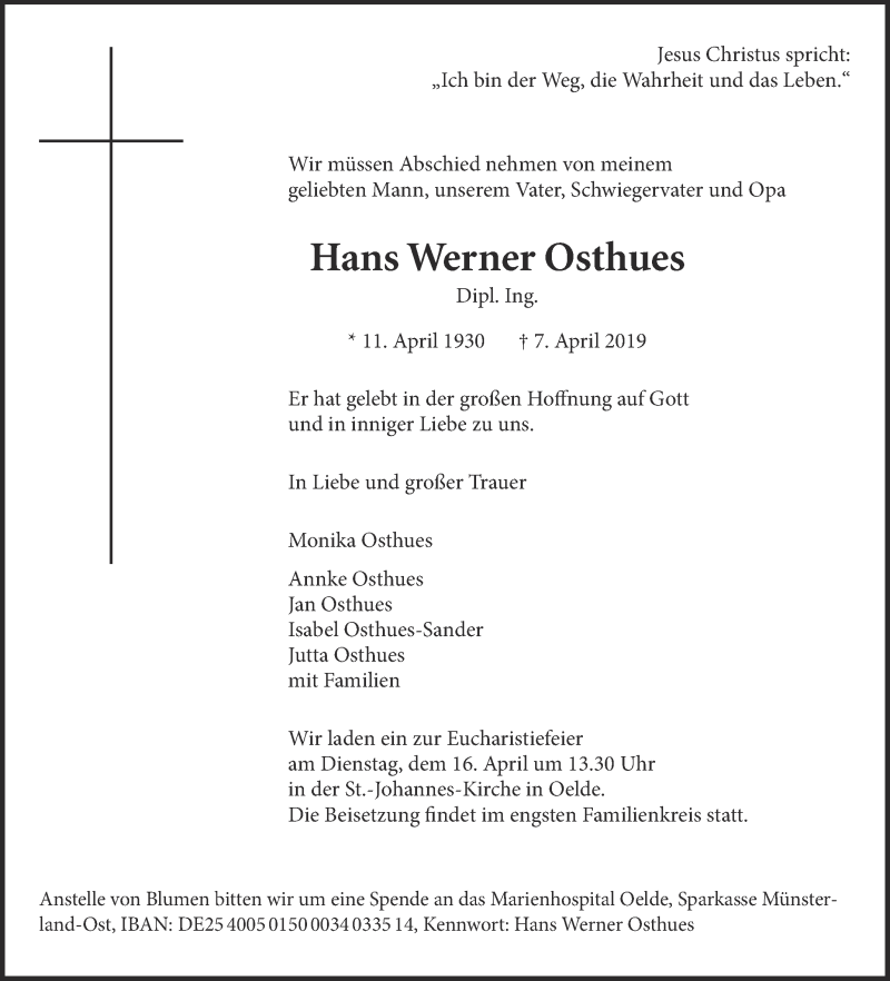  Traueranzeige für Hans Werner Osthues vom 10.04.2019 aus Die Glocke