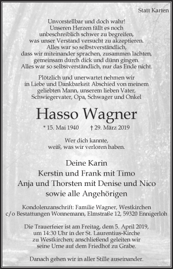 Traueranzeige von Hasso Wagner von Die Glocke