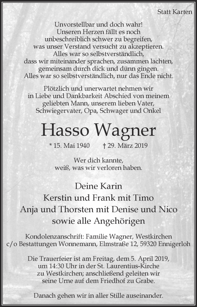  Traueranzeige für Hasso Wagner vom 02.04.2019 aus Die Glocke