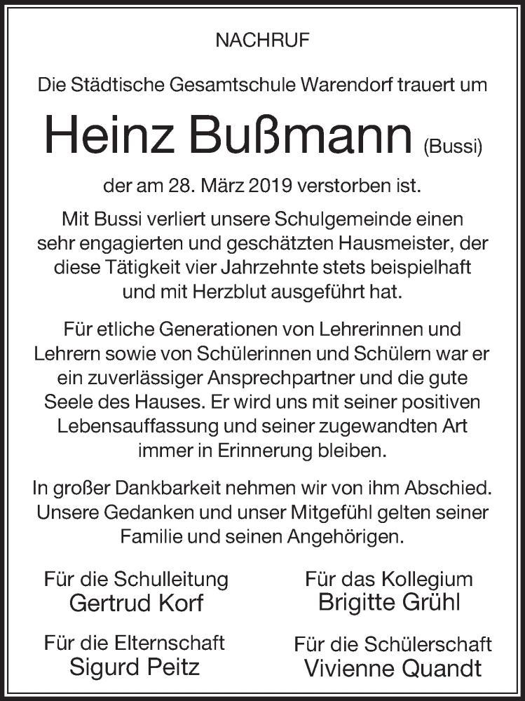  Traueranzeige für Heinz Bußmann vom 10.04.2019 aus Die Glocke