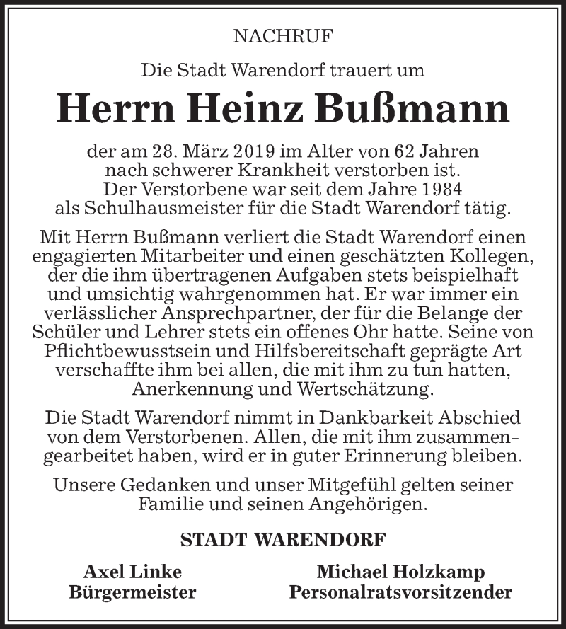  Traueranzeige für Heinz Bußmann vom 05.04.2019 aus Die Glocke