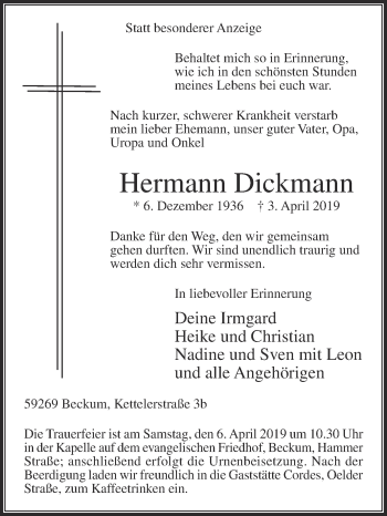 Traueranzeige von Hermann Dickmann von Die Glocke