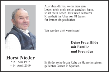 Traueranzeige von Horst Nieder von Die Glocke