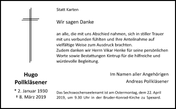 Traueranzeige von Hugo Pollkläsener von Die Glocke