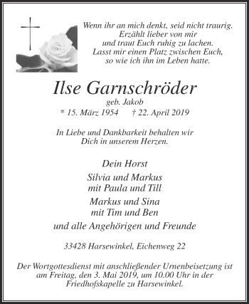 Traueranzeige von Ilse Garnschröder von Die Glocke