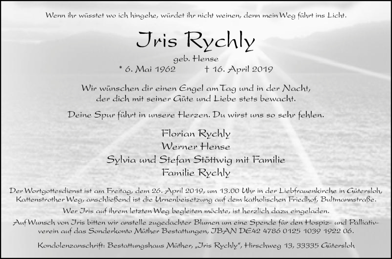 Traueranzeige für Iris Rychly vom 19.04.2019 aus Die Glocke