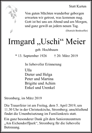 Traueranzeige von Irmgard Meier von Die Glocke