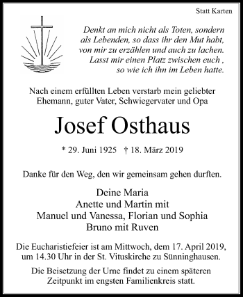 Traueranzeige von Josef Osthaus von Die Glocke