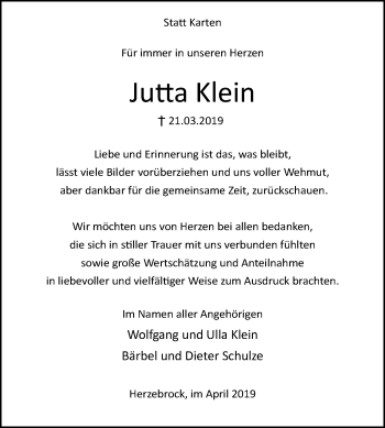 Traueranzeige von Jutta Klein von Die Glocke