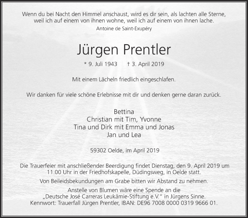  Traueranzeige für Jürgen Prentler vom 06.04.2019 aus Die Glocke