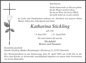 Traueranzeige von Katharina Stickling von Die Glocke