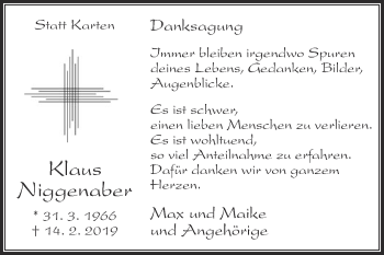 Traueranzeige von Klaus Niggenaber von Die Glocke