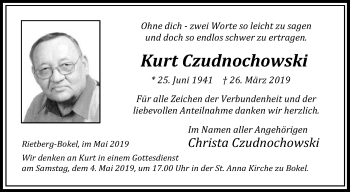 Traueranzeige von Kurt Czudnochowski von Die Glocke