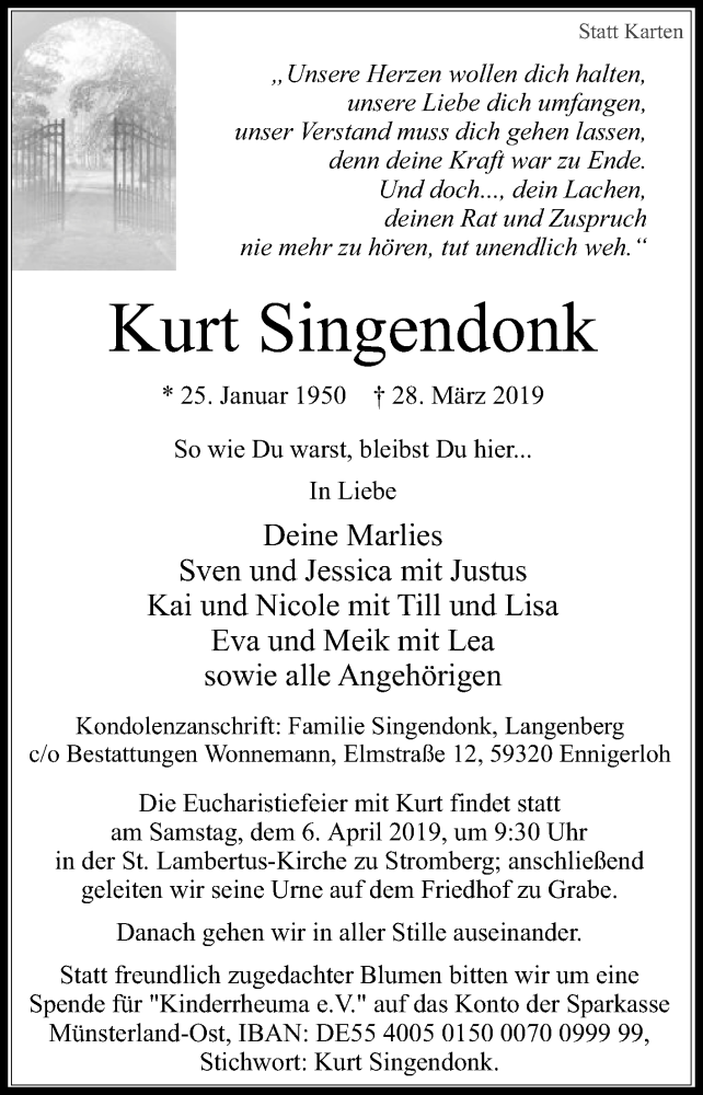  Traueranzeige für Kurt Singendonk vom 02.04.2019 aus Die Glocke