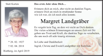Traueranzeige von Margret Landgräber von Die Glocke
