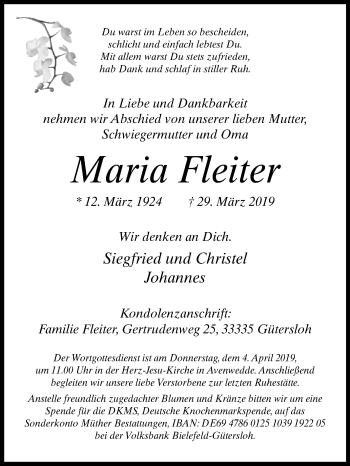 Traueranzeige von Maria Fleiter von Die Glocke