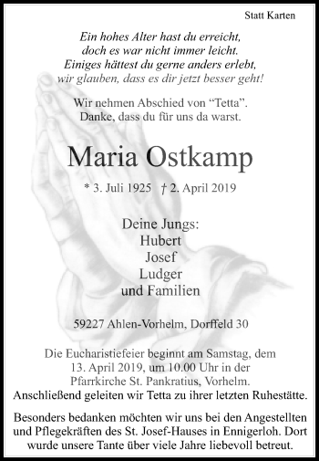 Traueranzeige von Maria Ostkamp von Die Glocke