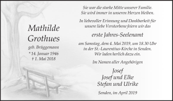 Traueranzeige von Matthilde Grothues von Die Glocke