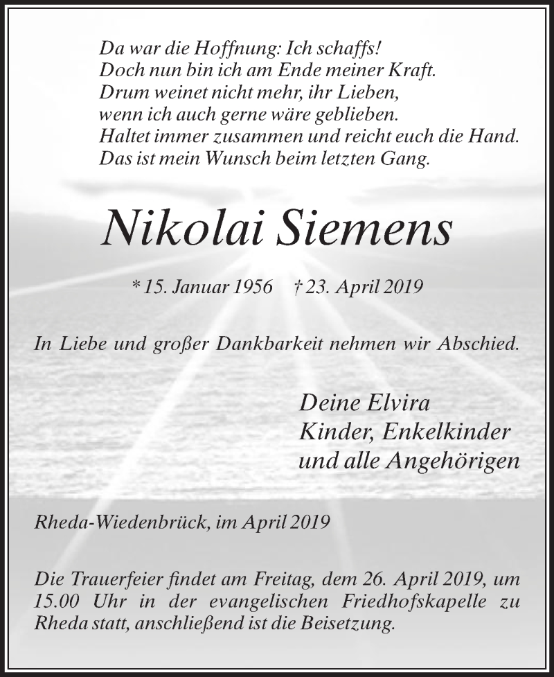  Traueranzeige für Nikolai Siemens vom 24.04.2019 aus Die Glocke