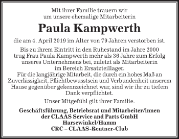 Traueranzeige von Paula Kampwerth von Die Glocke