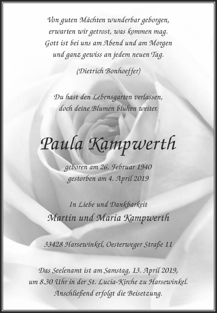  Traueranzeige für Paula Kampwerth vom 09.04.2019 aus Die Glocke