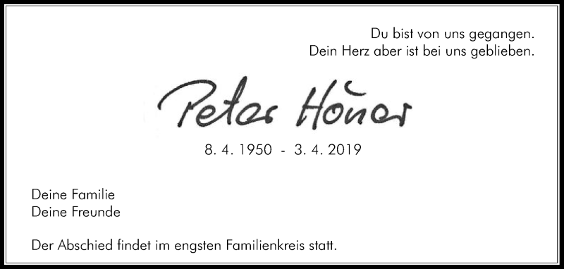  Traueranzeige für Peter Höner vom 10.04.2019 aus Die Glocke