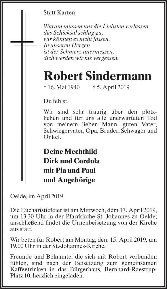  Traueranzeige für Robert Sindermann vom 10.04.2019 aus Die Glocke