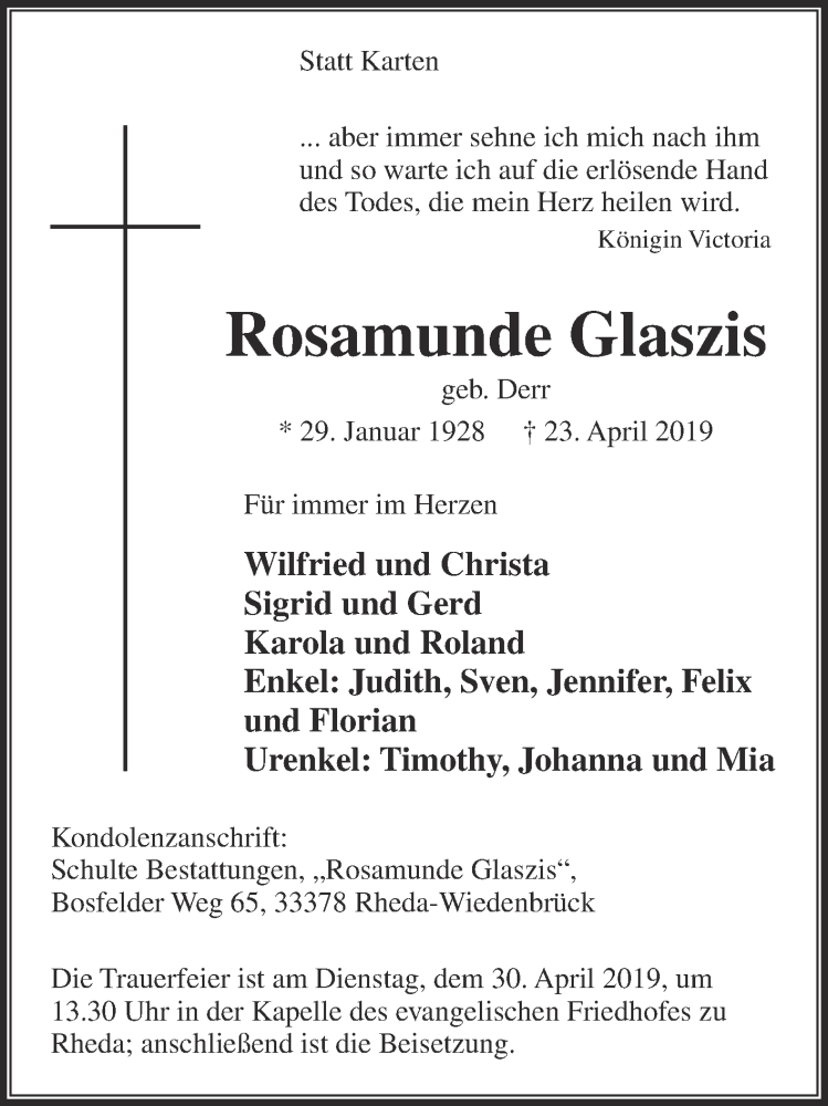  Traueranzeige für Rosamunde Glaszis vom 25.04.2019 aus Die Glocke