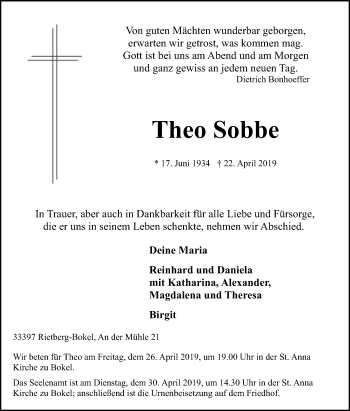 Traueranzeige von Theo Sobbe von Die Glocke