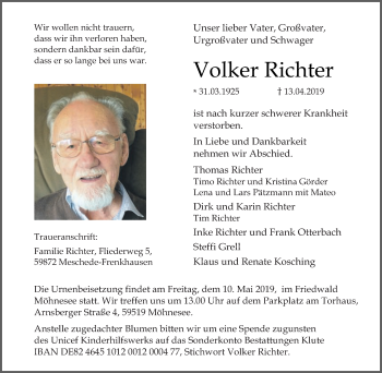 Traueranzeige von Volker Richter von Die Glocke