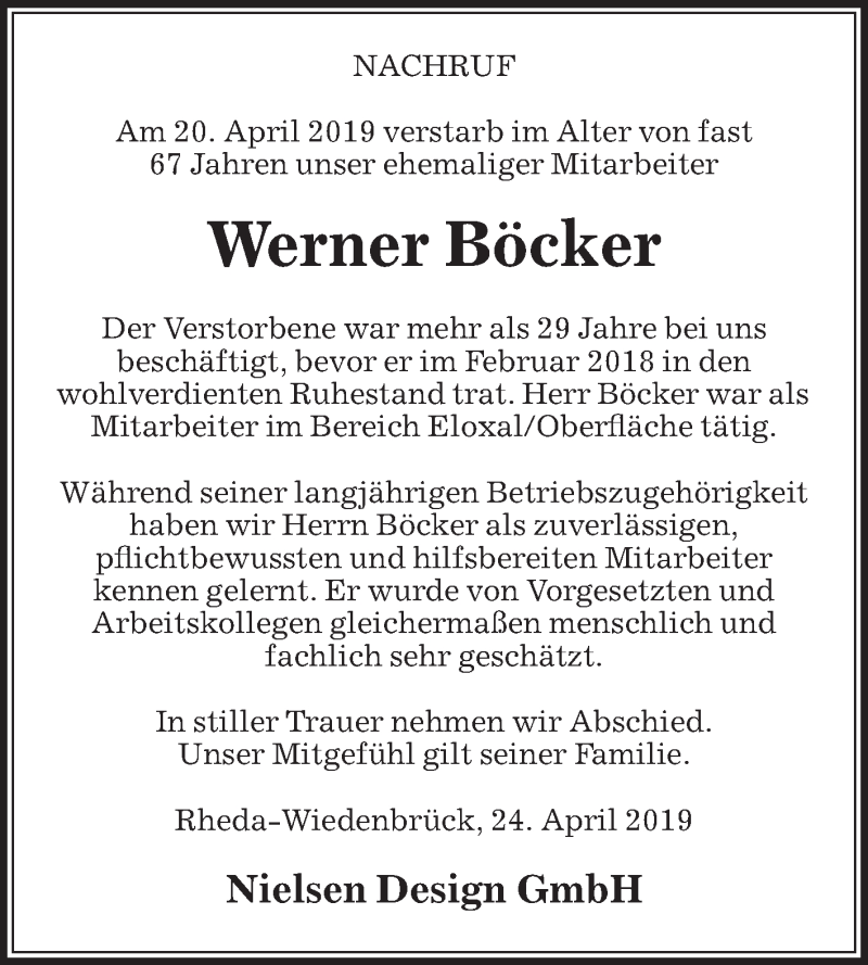  Traueranzeige für Werner Böcker vom 25.04.2019 aus Die Glocke