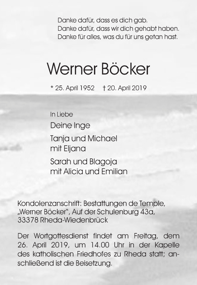  Traueranzeige für Werner Böcker vom 24.04.2019 aus Die Glocke