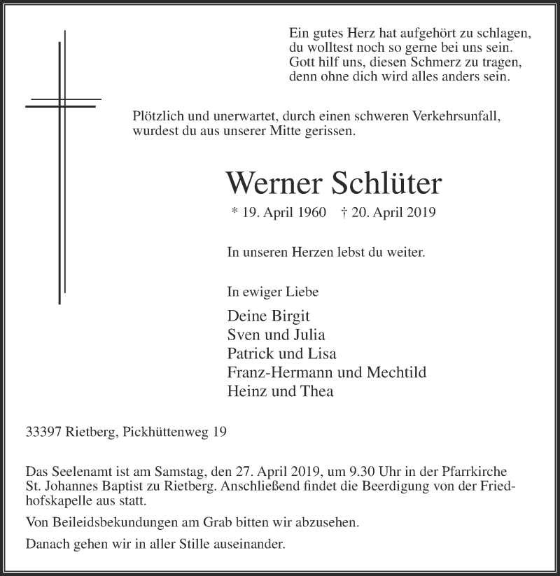  Traueranzeige für Werner Schlüter vom 24.04.2019 aus Die Glocke