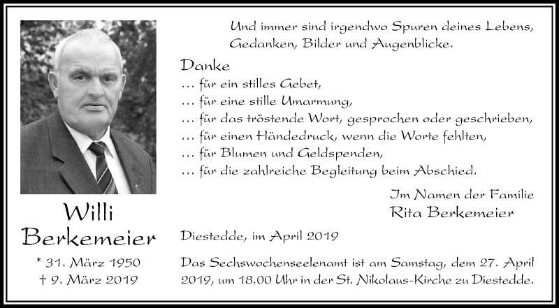  Traueranzeige für Willi Berkemeier vom 19.04.2019 aus Die Glocke