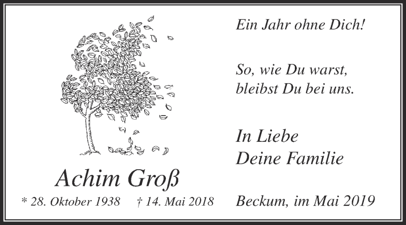  Traueranzeige für Achim Groß vom 14.05.2019 aus Die Glocke