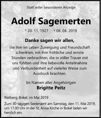 Traueranzeige von Adolf Sagemerten von Die Glocke