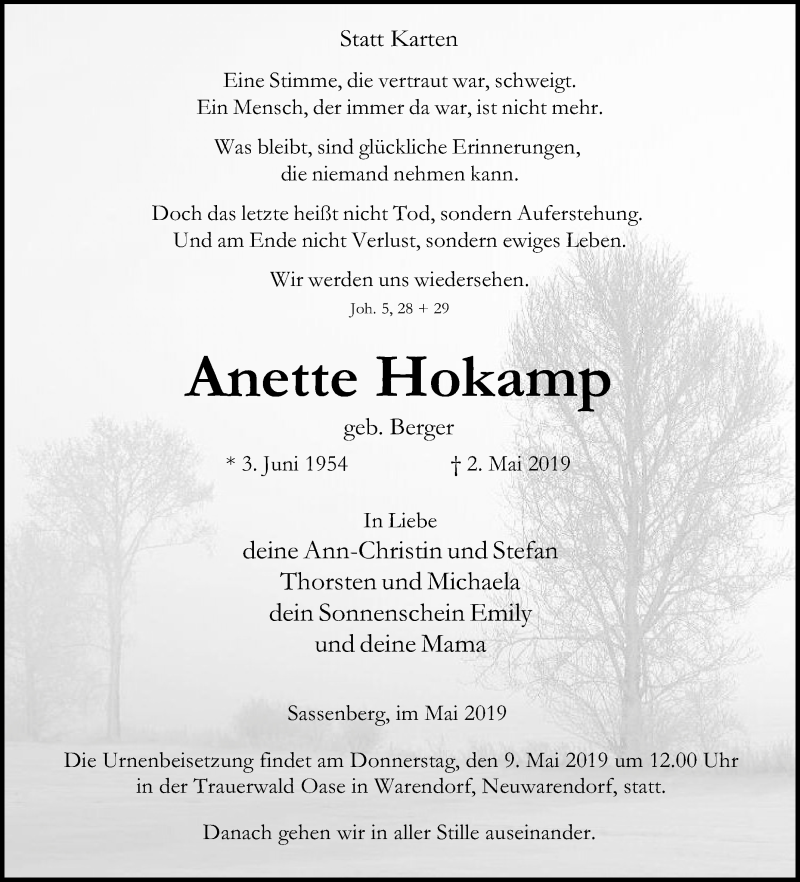  Traueranzeige für Anette Hokamp vom 04.05.2019 aus Die Glocke