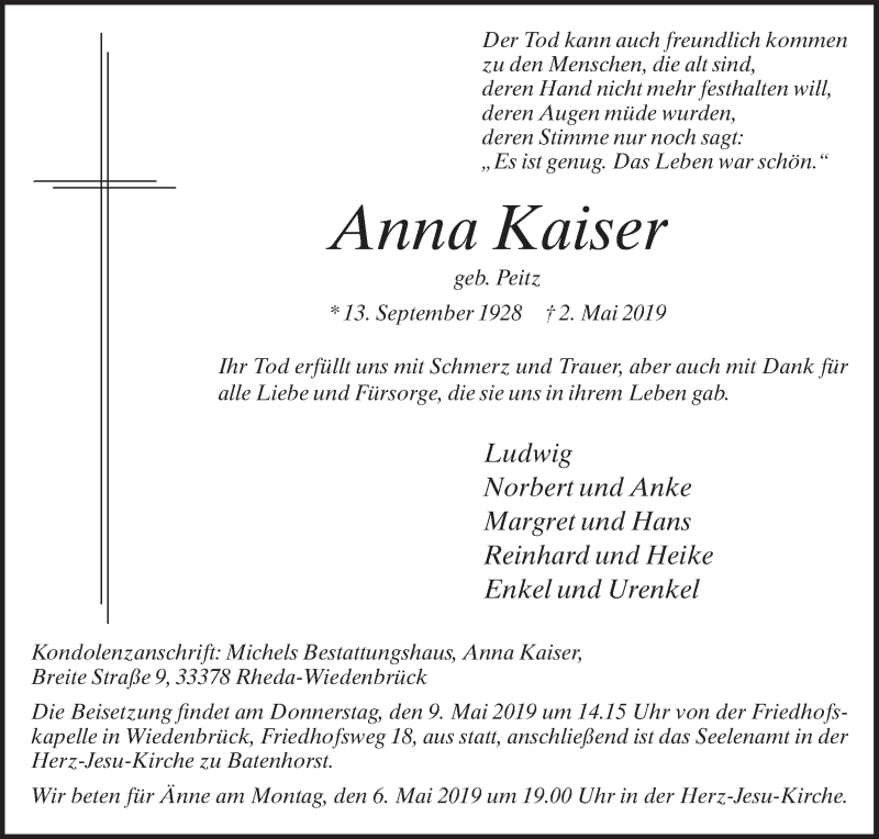  Traueranzeige für Anna Kaiser vom 04.05.2019 aus Die Glocke