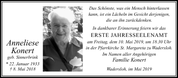Traueranzeige von Anneliese Konert von Die Glocke