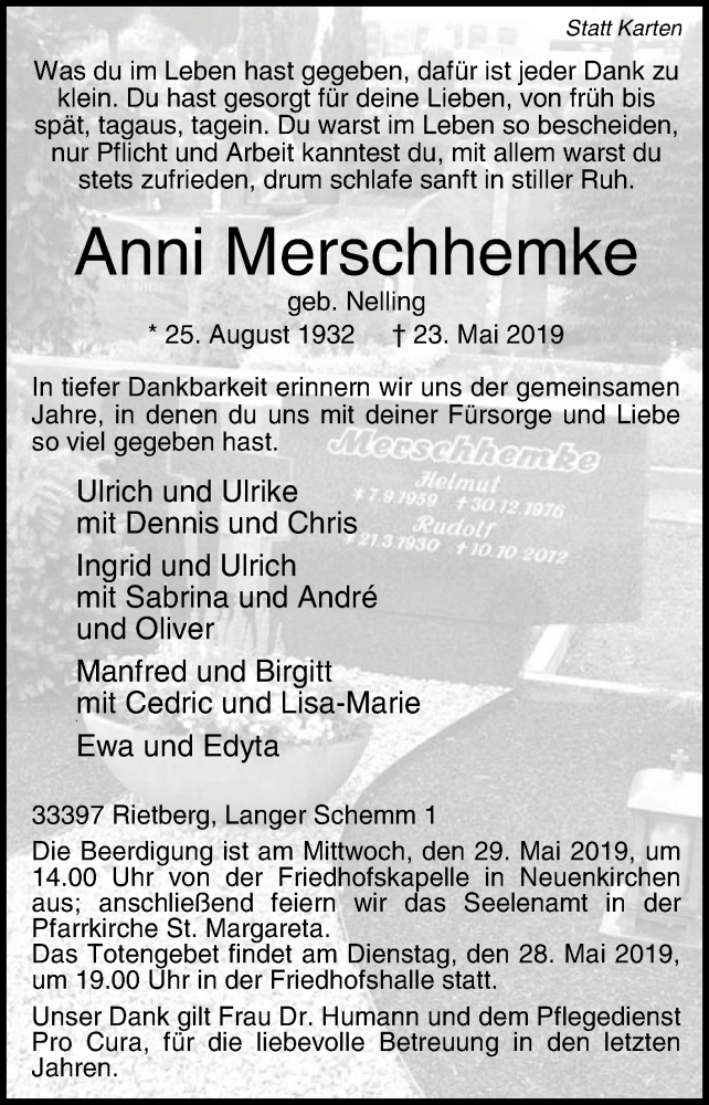  Traueranzeige für Anni Merschhemke vom 25.05.2019 aus Die Glocke