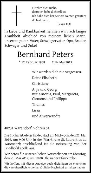 Traueranzeige von Bernhard Peters von Die Glocke