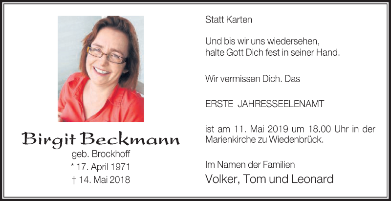  Traueranzeige für Birgit Beckmann vom 08.05.2019 aus Die Glocke