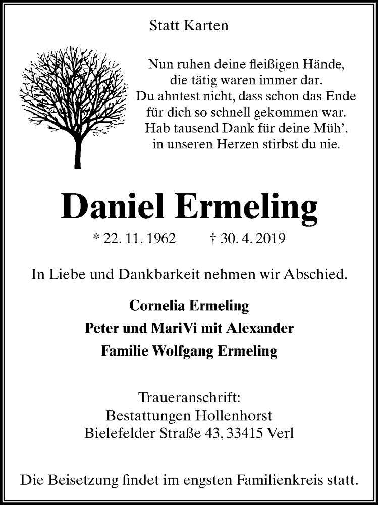  Traueranzeige für Daniel Ermeling vom 04.05.2019 aus Die Glocke