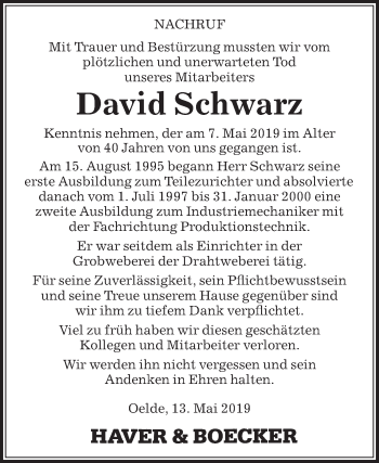 Traueranzeige von David Schwarz von Die Glocke